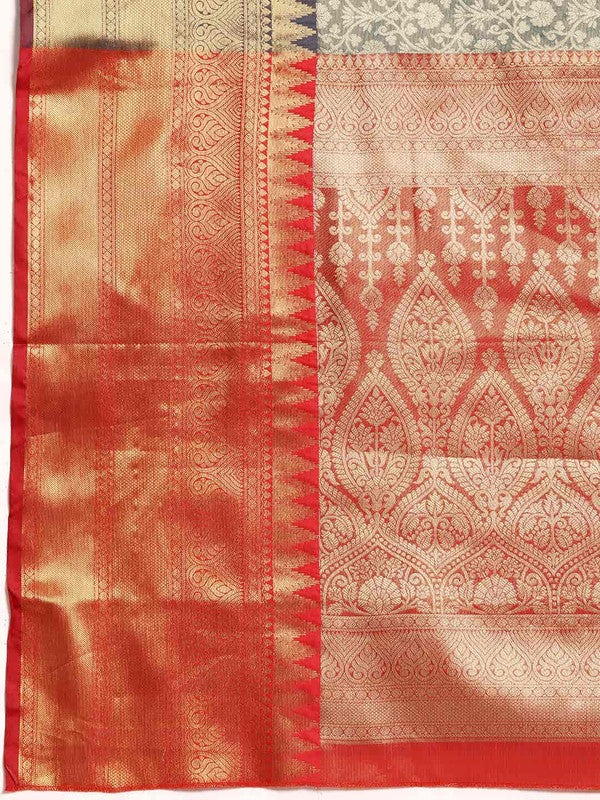 Turquoise Brocade Woven Zari Design Ethnic Motifs Saree with Unstitched Blouse - Hiral Fashion