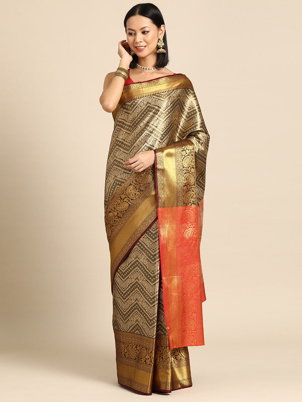 Black Brocade Woven Zari Design Striped Saree with Unstitched Blouse - Hiral Fashion
