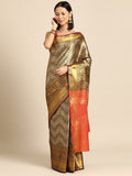 Black Brocade Woven Zari Design Striped Saree with Unstitched Blouse - Hiral Fashion