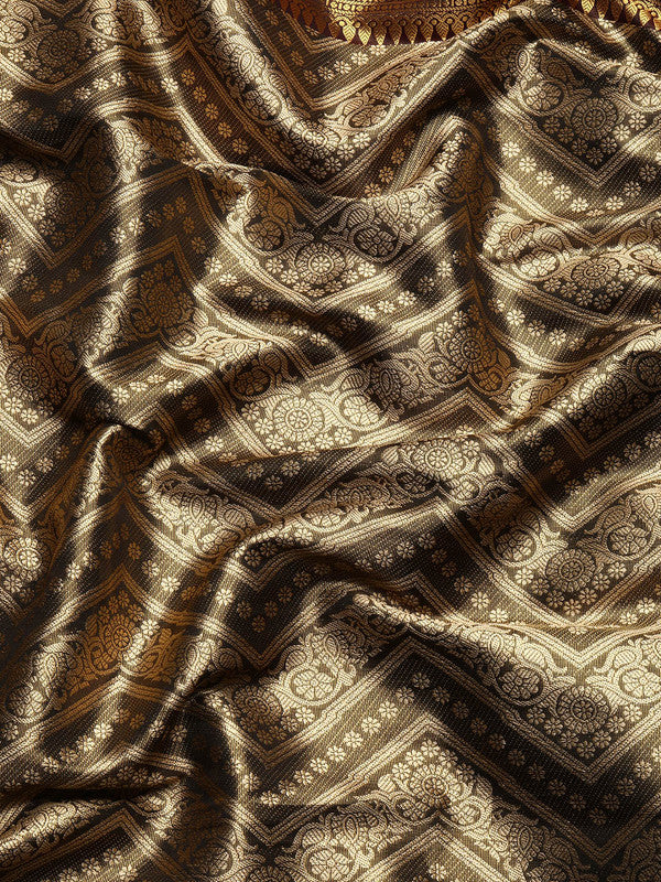 Black Brocade Woven Zari Design Striped Saree with Unstitched Blouse - Hiral Fashion
