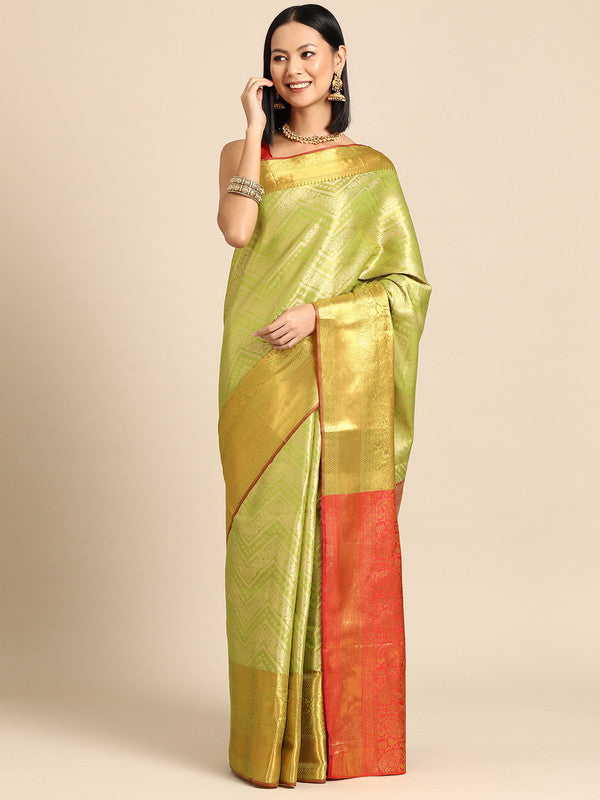 Green Brocade Woven Zari Design Striped Saree with Unstitched Blouse - Hiral Fashion
