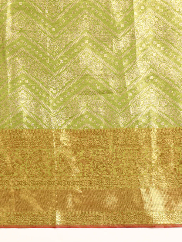 Green Brocade Woven Zari Design Striped Saree with Unstitched Blouse - Hiral Fashion