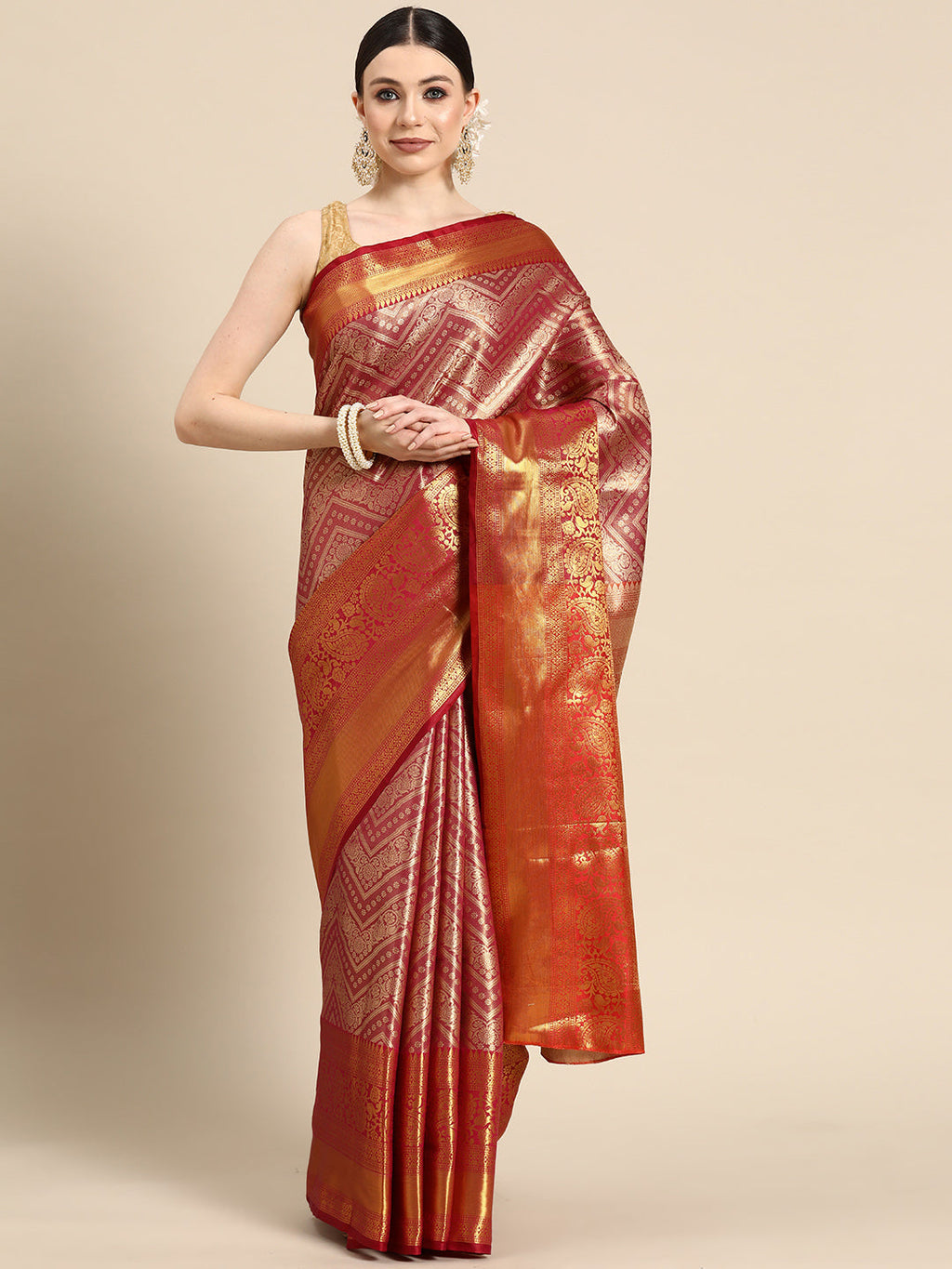 Pink Brocade Woven Zari Design Striped Saree with Unstitched Blouse - Hiral Fashion