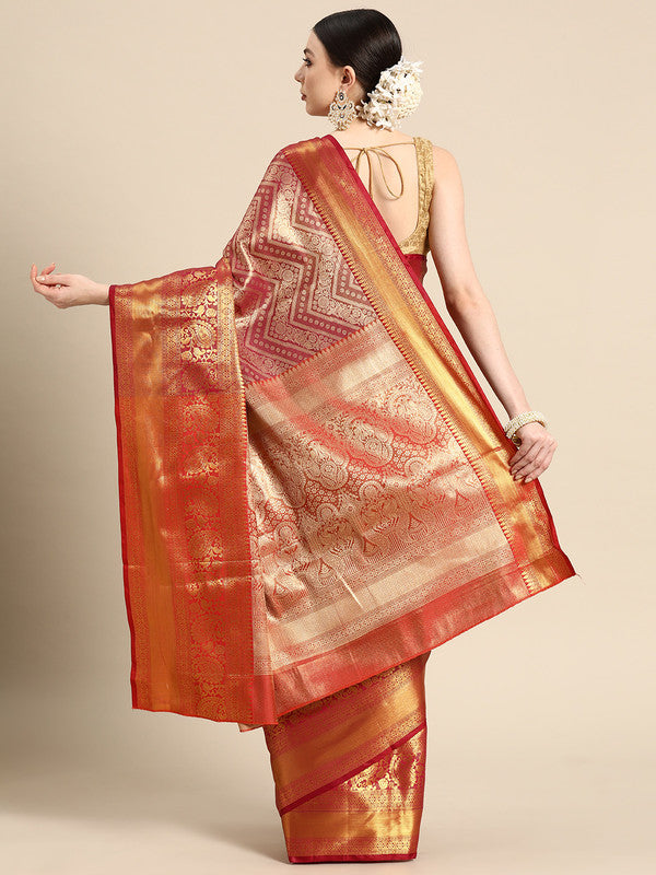 Pink Brocade Woven Zari Design Striped Saree with Unstitched Blouse - Hiral Fashion