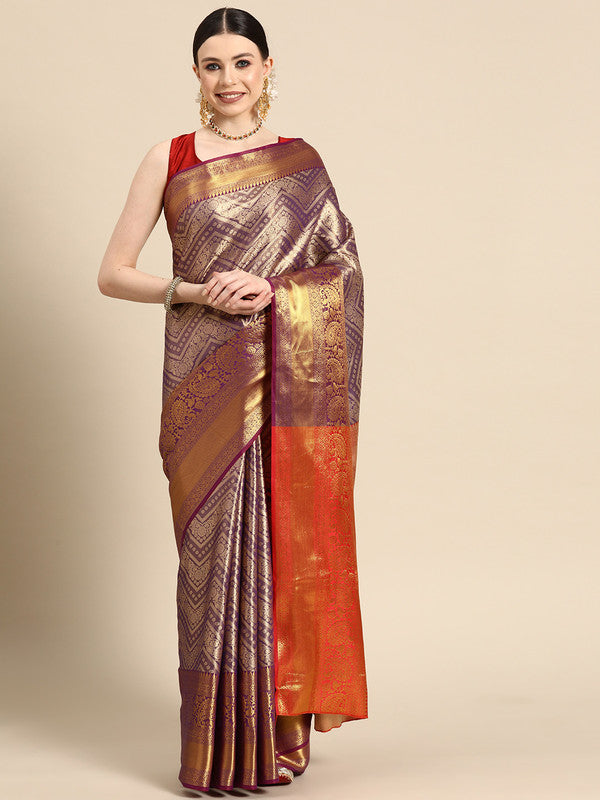 Purple Brocade Woven Zari Design Striped Saree with Unstitched Blouse - Hiral Fashion
