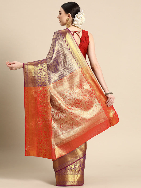 Purple Brocade Woven Zari Design Striped Saree with Unstitched Blouse - Hiral Fashion