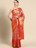 Red Brocade Woven Zari Design Striped Saree with Unstitched Blouse - Hiral Fashion