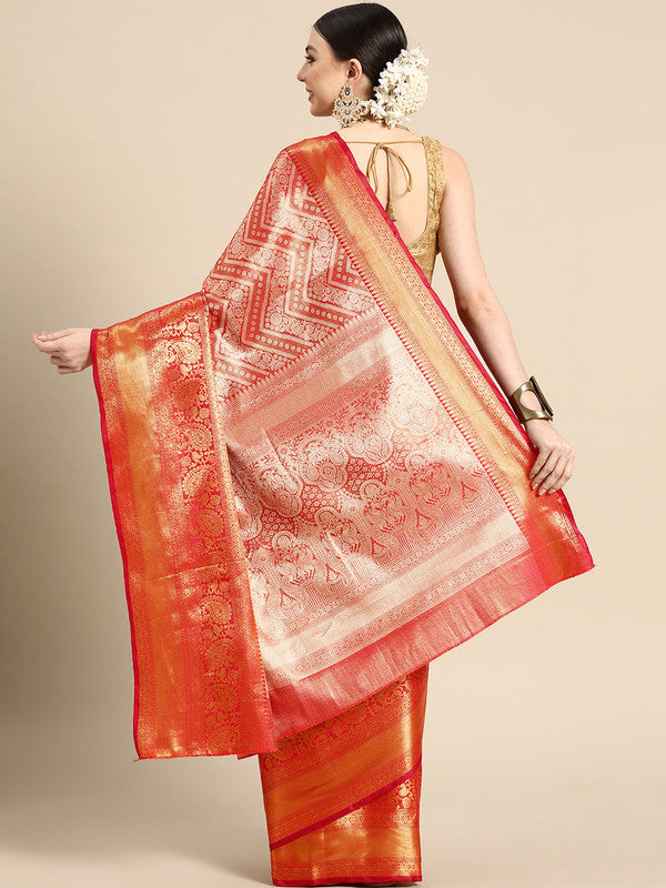 Red Brocade Woven Zari Design Striped Saree with Unstitched Blouse - Hiral Fashion