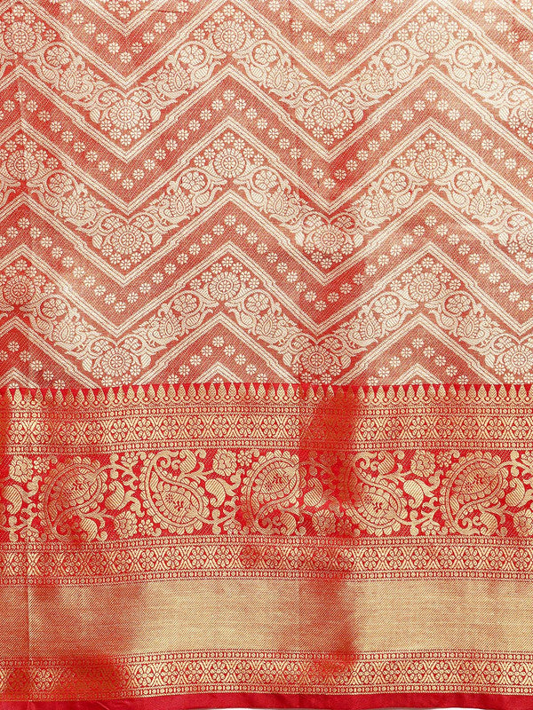 Red Brocade Woven Zari Design Striped Saree with Unstitched Blouse - Hiral Fashion