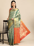 Turquoise Brocade Woven Zari Design Striped Saree with Unstitched Blouse - Hiral Fashion