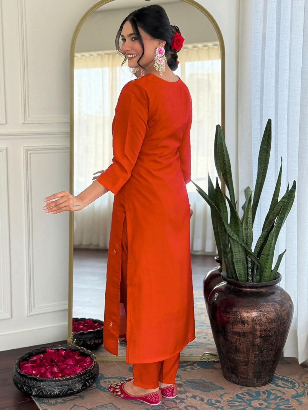 The52 Rust Women's Gorgeous Roman Silk Fabric Straight Kurta, Pant and Dupatta Set