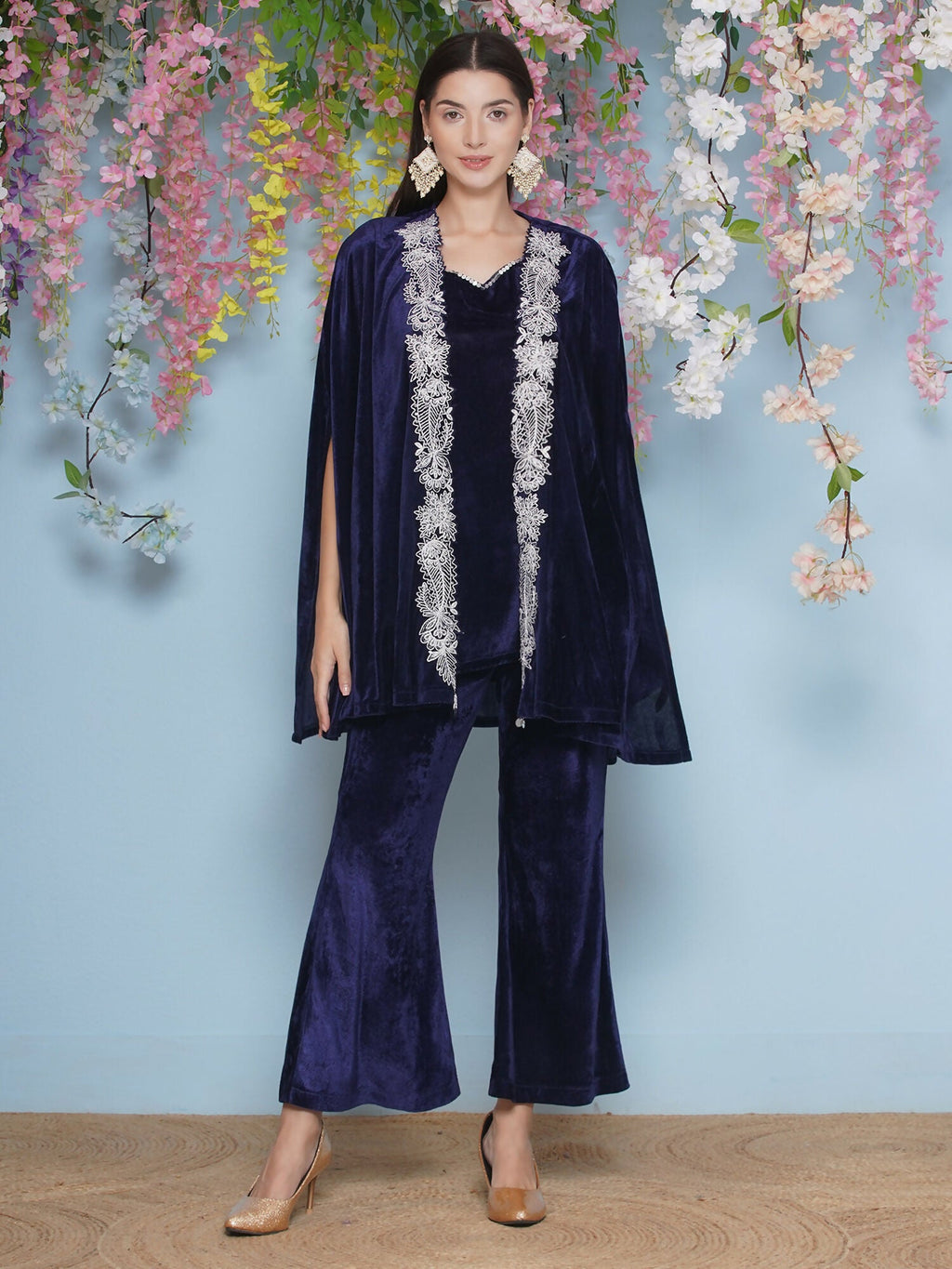 Joban Fashion Navy Blue Velvet Cape Set