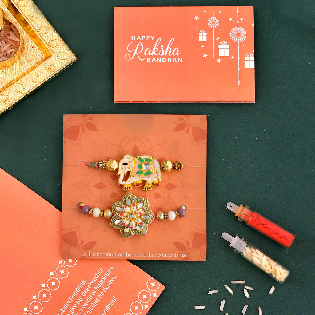 trueBrowns X Voylla Pack of 2 Meenakari Kundan Floral And Elephant Rakhi