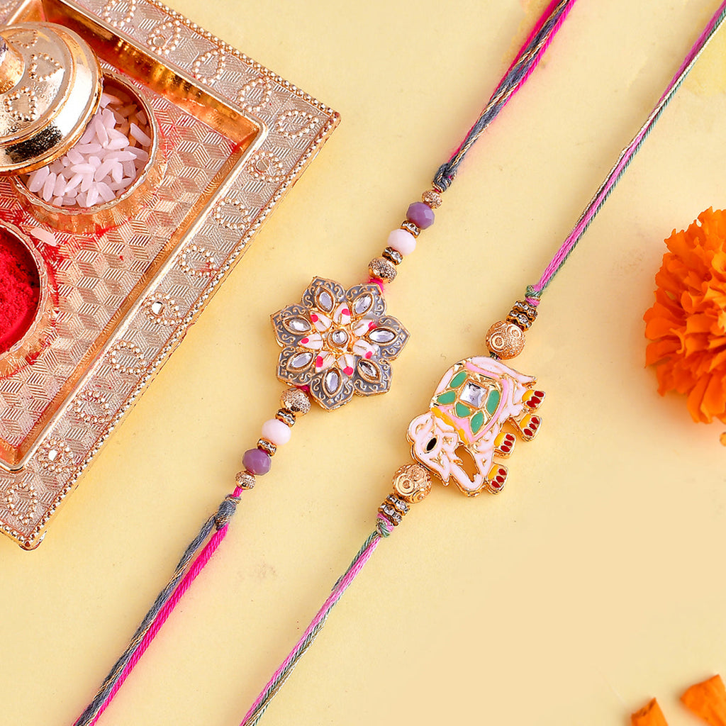 trueBrowns X Voylla Pack of 2 Meenakari Kundan Floral And Elephant Rakhi
