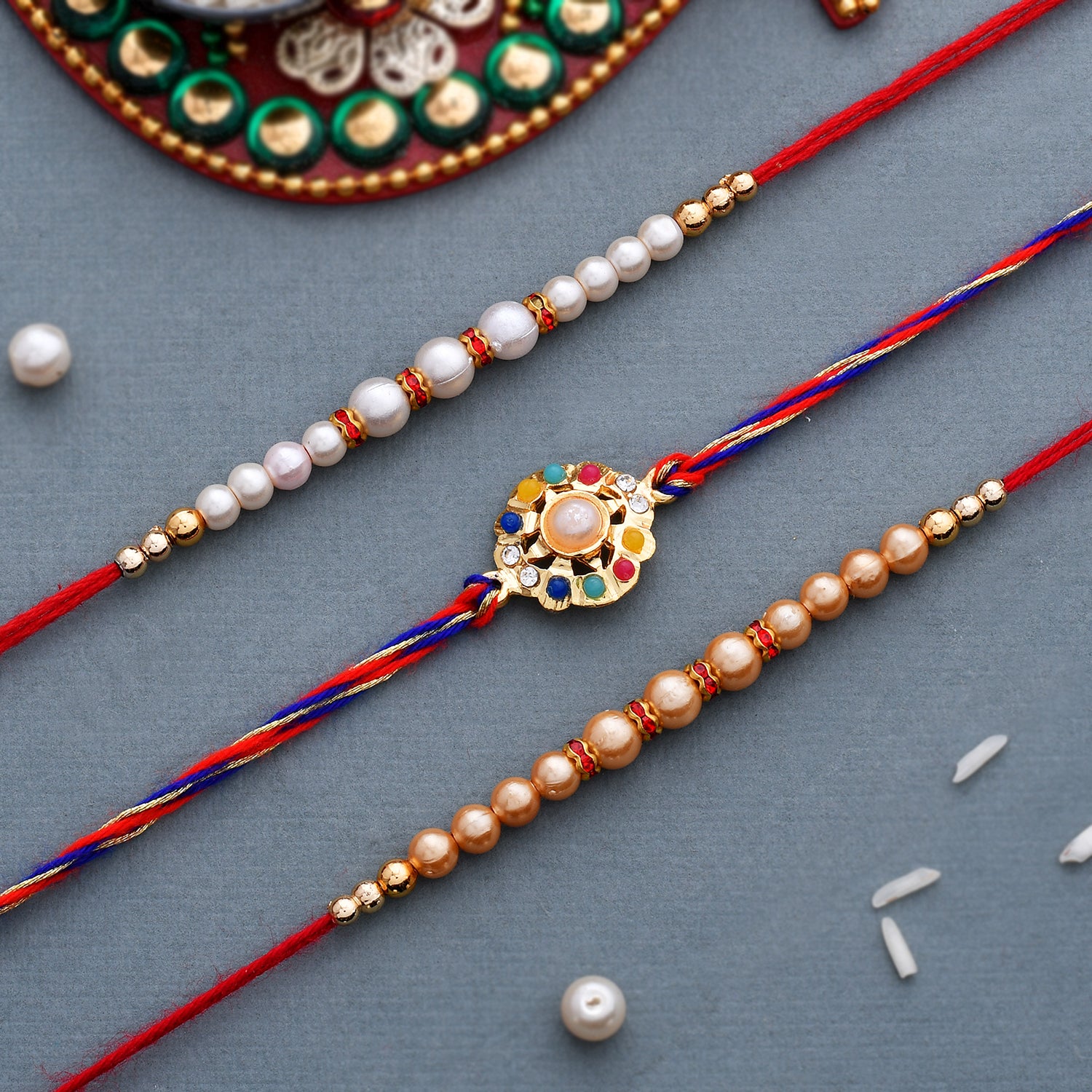 trueBrowns X Voylla Set of 3 Pearl Beads Studded Thread Rakhi