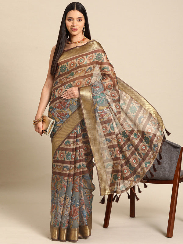 Multicolor Cotton Blend Printed Kalamkari Saree with Unstitched Blouse - Hiral Fashion