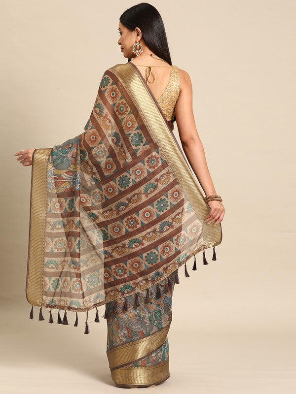 Multicolor Cotton Blend Printed Kalamkari Saree with Unstitched Blouse - Hiral Fashion