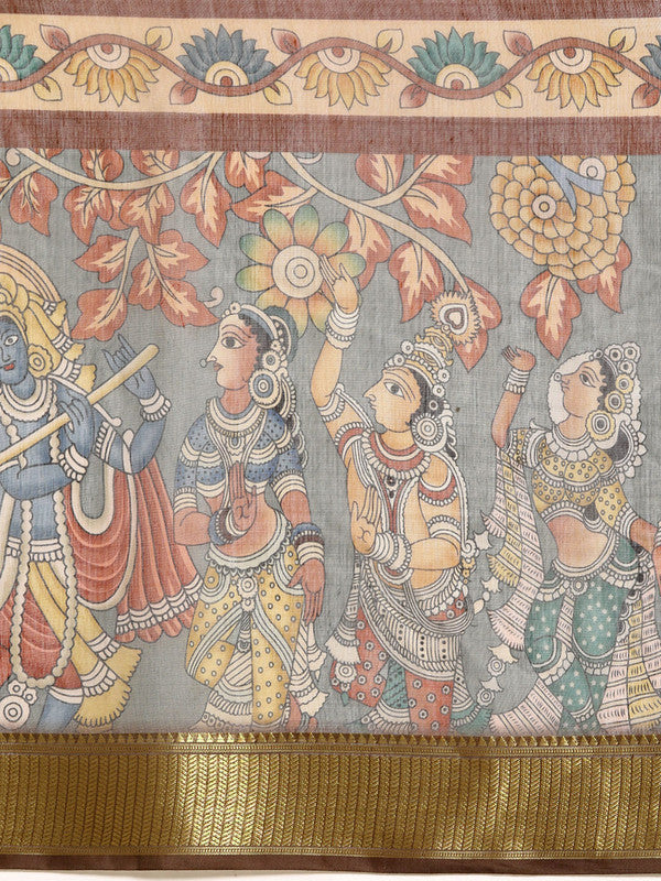Multicolor Cotton Blend Printed Kalamkari Saree with Unstitched Blouse - Hiral Fashion