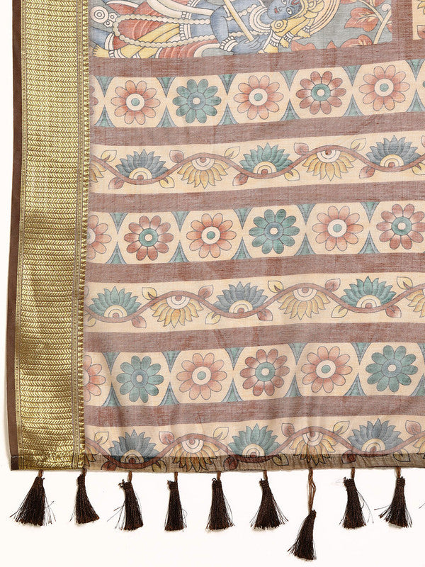 Multicolor Cotton Blend Printed Kalamkari Saree with Unstitched Blouse - Hiral Fashion