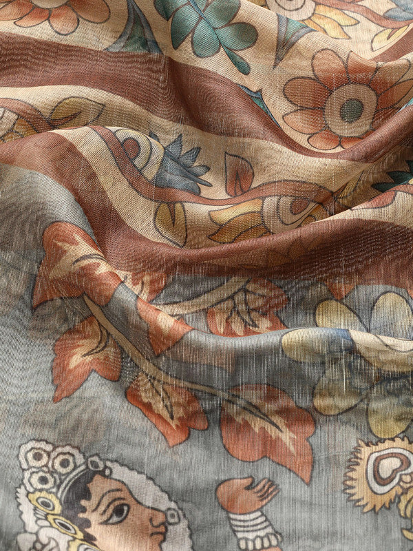 Multicolor Cotton Blend Printed Kalamkari Saree with Unstitched Blouse - Hiral Fashion