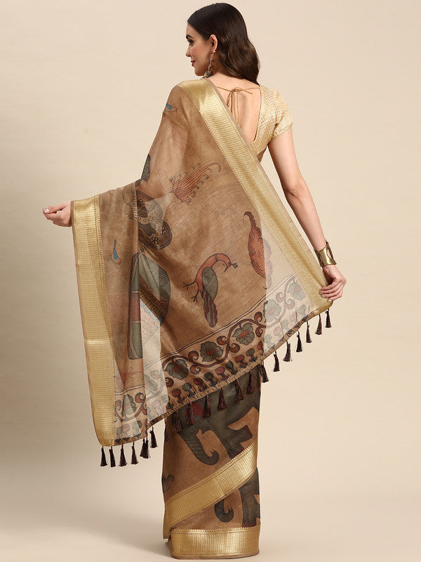 Multicolor Cotton Blend Printed Kalamkari Saree with Unstitched Blouse - Hiral Fashion