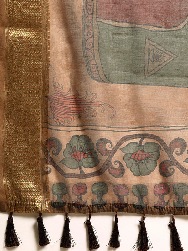 Multicolor Cotton Blend Printed Kalamkari Saree with Unstitched Blouse - Hiral Fashion