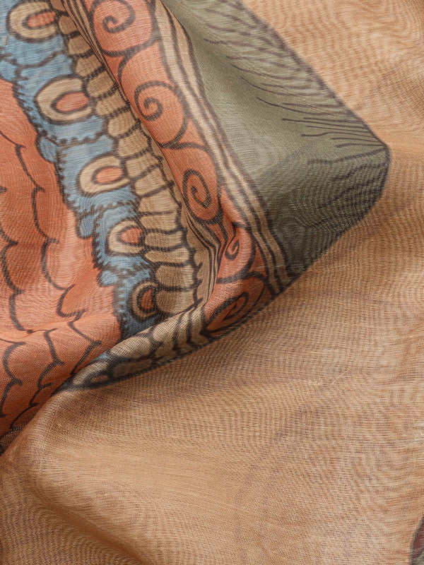 Multicolor Cotton Blend Printed Kalamkari Saree with Unstitched Blouse - Hiral Fashion