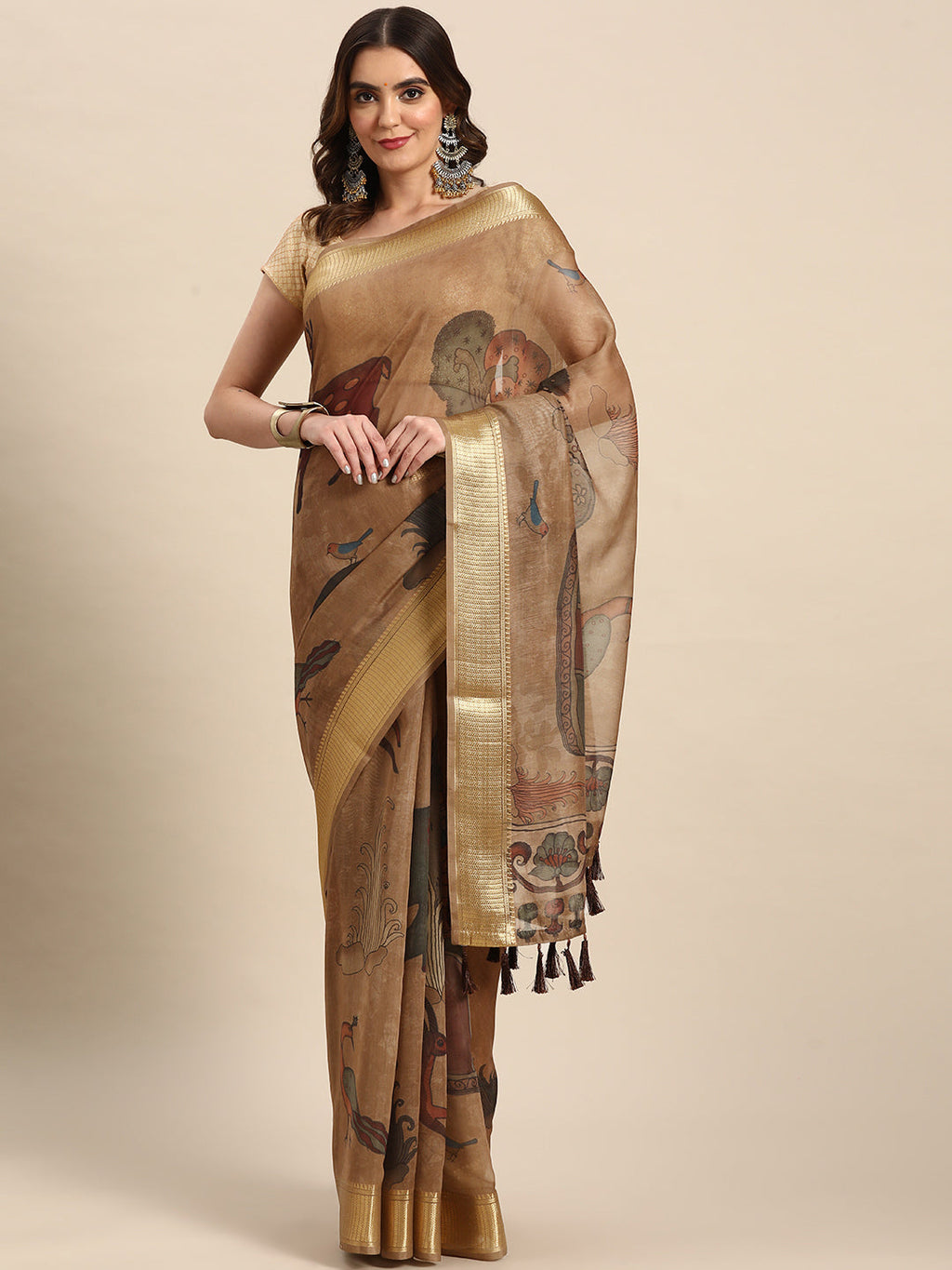 Multicolor Cotton Blend Printed Kalamkari Saree with Unstitched Blouse - Hiral Fashion