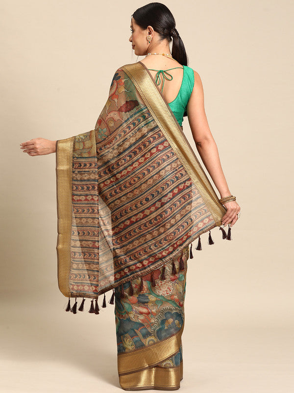 Multicolor Cotton Blend Printed Kalamkari Saree with Unstitched Blouse - Hiral Fashion