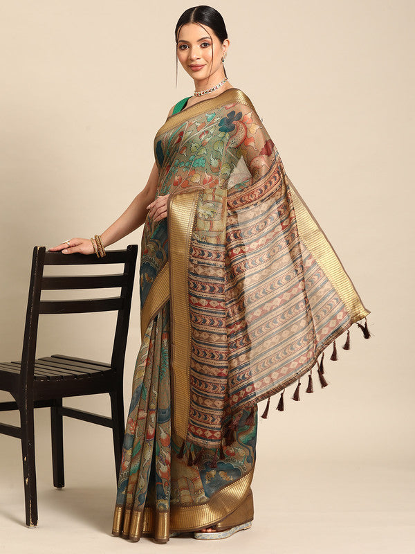 Multicolor Cotton Blend Printed Kalamkari Saree with Unstitched Blouse - Hiral Fashion