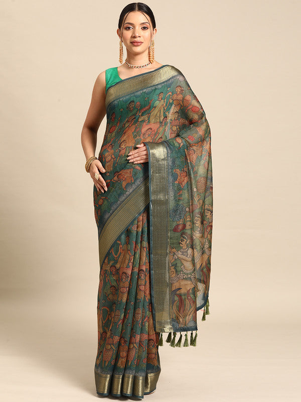 Multicolor Cotton Blend Printed Kalamkari Saree with Unstitched Blouse - Hiral Fashion