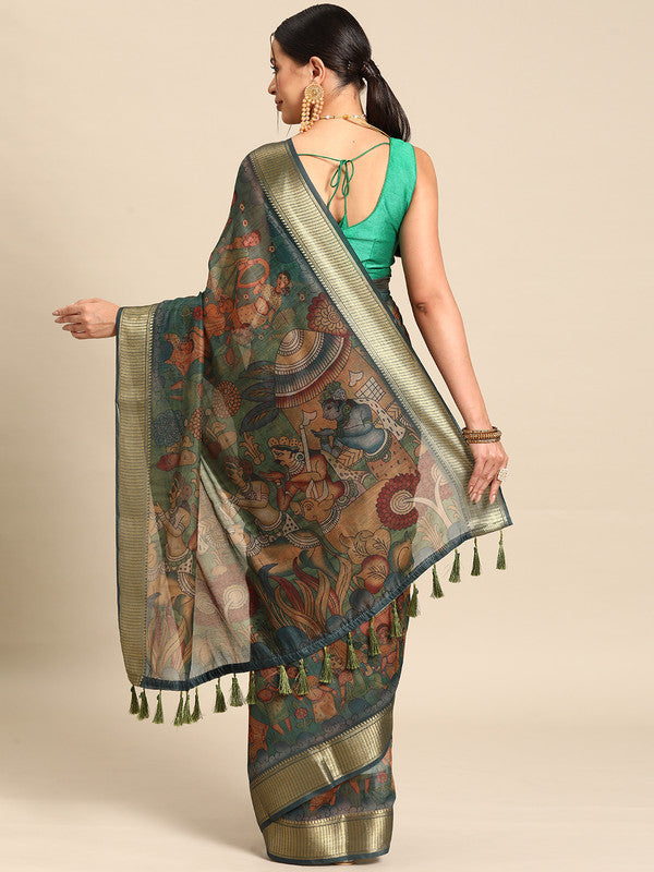 Multicolor Cotton Blend Printed Kalamkari Saree with Unstitched Blouse - Hiral Fashion