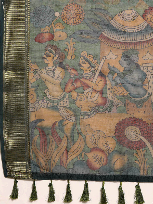 Multicolor Cotton Blend Printed Kalamkari Saree with Unstitched Blouse - Hiral Fashion