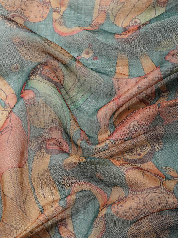 Multicolor Cotton Blend Printed Kalamkari Saree with Unstitched Blouse - Hiral Fashion