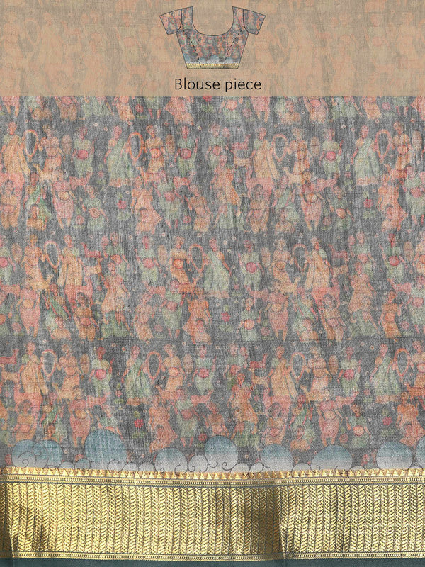 Multicolor Cotton Blend Printed Kalamkari Saree with Unstitched Blouse - Hiral Fashion