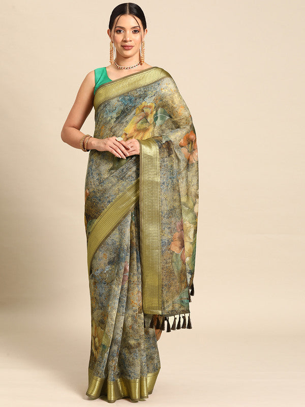 Multicolor Cotton Blend Printed Kalamkari Saree with Unstitched Blouse - Hiral Fashion