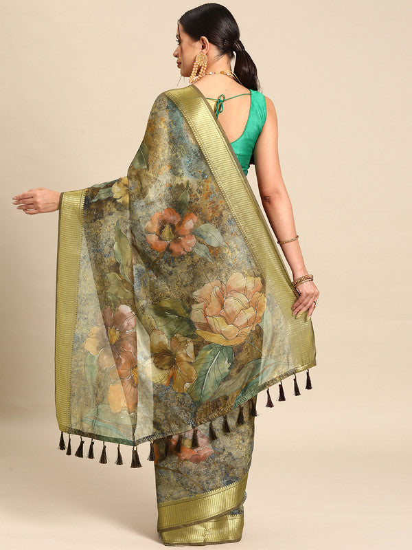 Multicolor Cotton Blend Printed Kalamkari Saree with Unstitched Blouse - Hiral Fashion