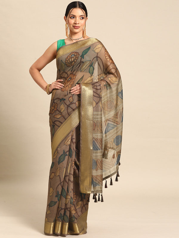 Multicolor Cotton Blend Printed Kalamkari Saree with Unstitched Blouse - Hiral Fashion