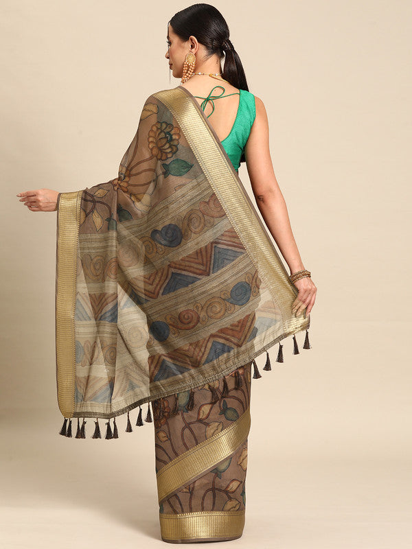 Multicolor Cotton Blend Printed Kalamkari Saree with Unstitched Blouse - Hiral Fashion