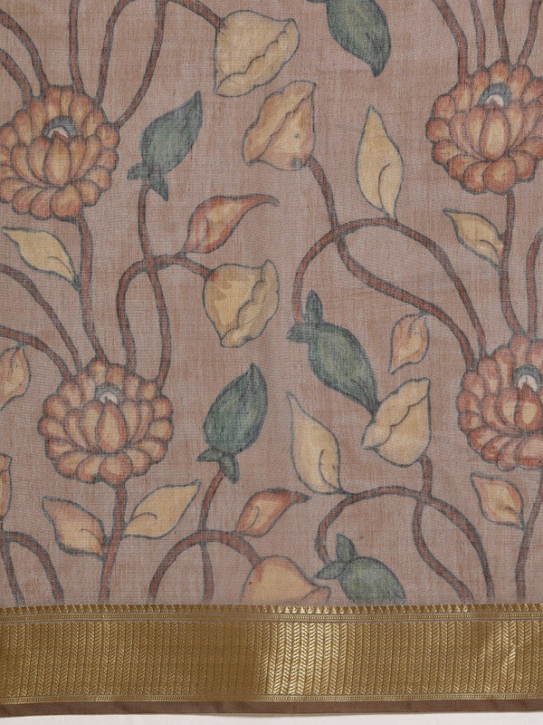 Multicolor Cotton Blend Printed Kalamkari Saree with Unstitched Blouse - Hiral Fashion