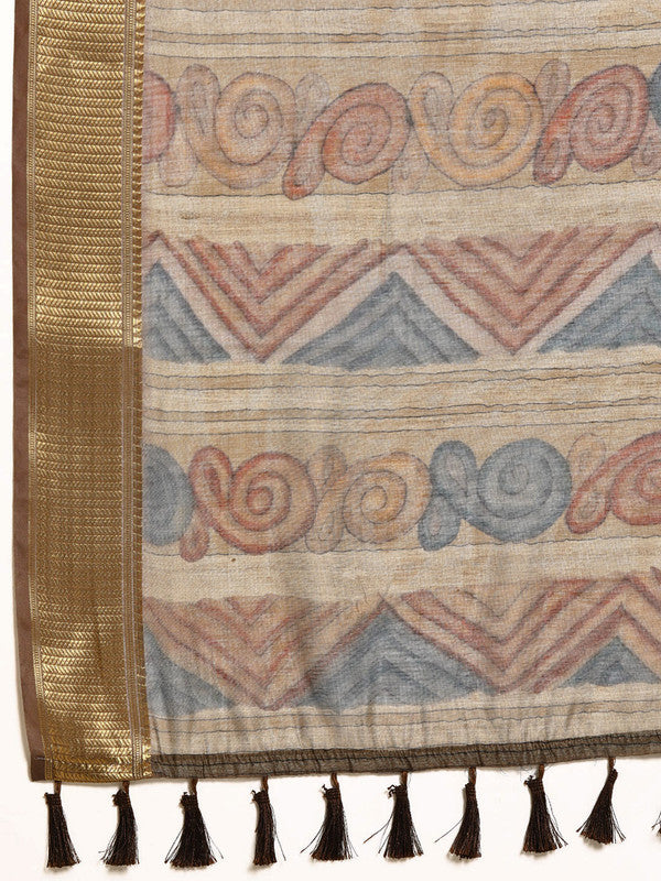 Multicolor Cotton Blend Printed Kalamkari Saree with Unstitched Blouse - Hiral Fashion