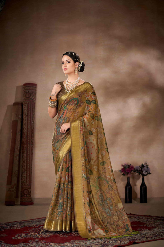 Multicolor Cotton Blend Printed Kalamkari Saree with Unstitched Blouse - Hiral Fashion