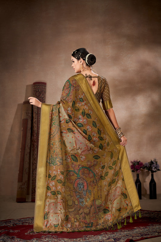 Multicolor Cotton Blend Printed Kalamkari Saree with Unstitched Blouse - Hiral Fashion