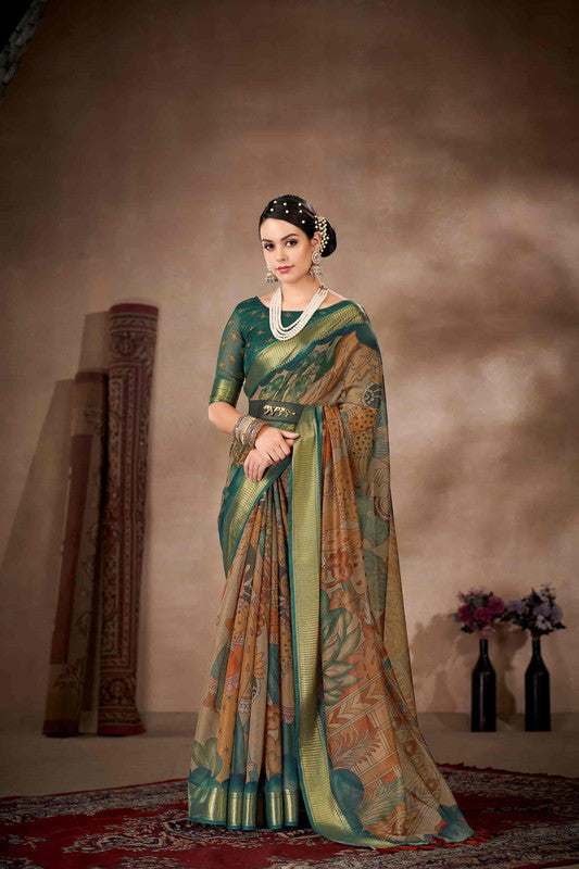 Multicolor Cotton Blend Printed Kalamkari Saree with Unstitched Blouse - Hiral Fashion