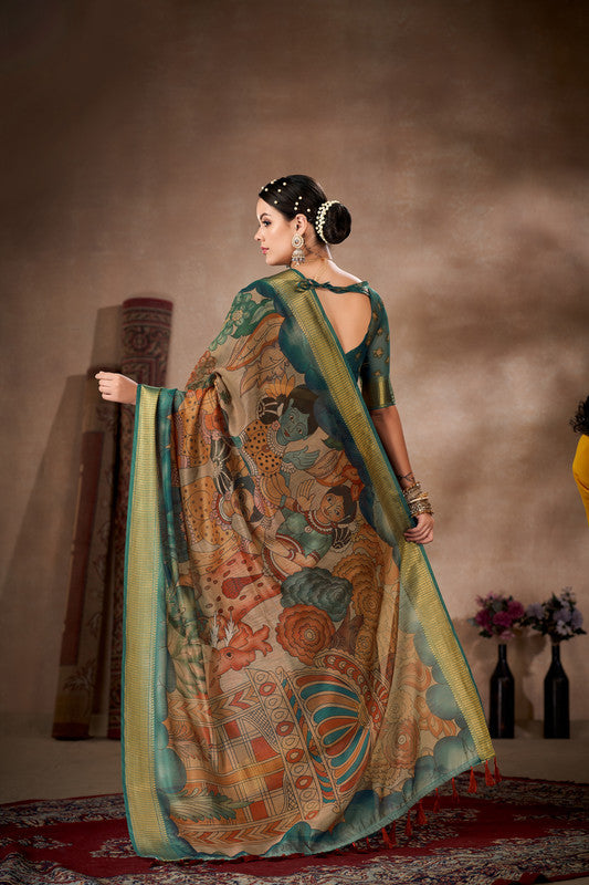 Multicolor Cotton Blend Printed Kalamkari Saree with Unstitched Blouse - Hiral Fashion