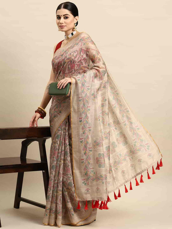 Multicolor Cotton Blend Printed Kalamkari Saree with Unstitched Blouse - Hiral Fashion