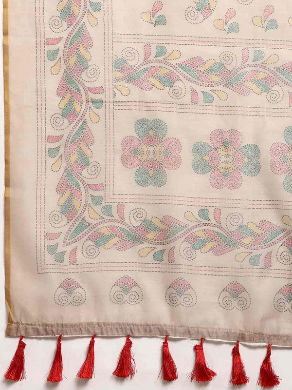 Multicolor Cotton Blend Printed Kalamkari Saree with Unstitched Blouse - Hiral Fashion
