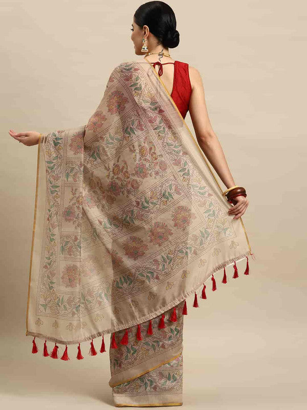 Multicolor Cotton Blend Printed Kalamkari Saree with Unstitched Blouse - Hiral Fashion