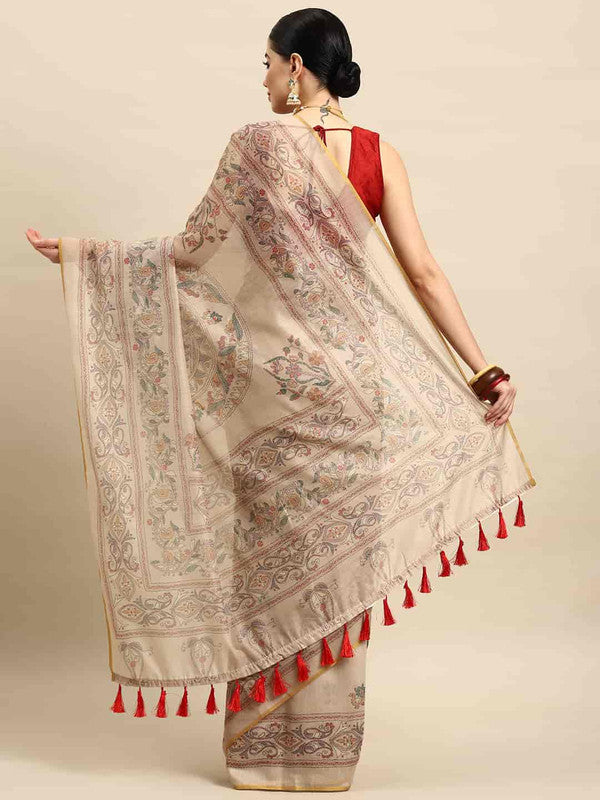 Multicolor Cotton Blend Printed Kalamkari Saree with Unstitched Blouse - Hiral Fashion