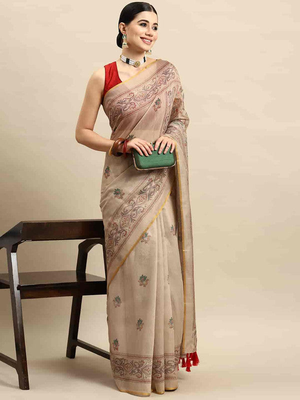 Multicolor Cotton Blend Printed Kalamkari Saree with Unstitched Blouse - Hiral Fashion